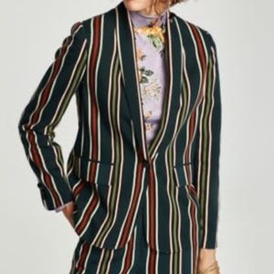 ZARA Woman Striped Bottle Green Blazer